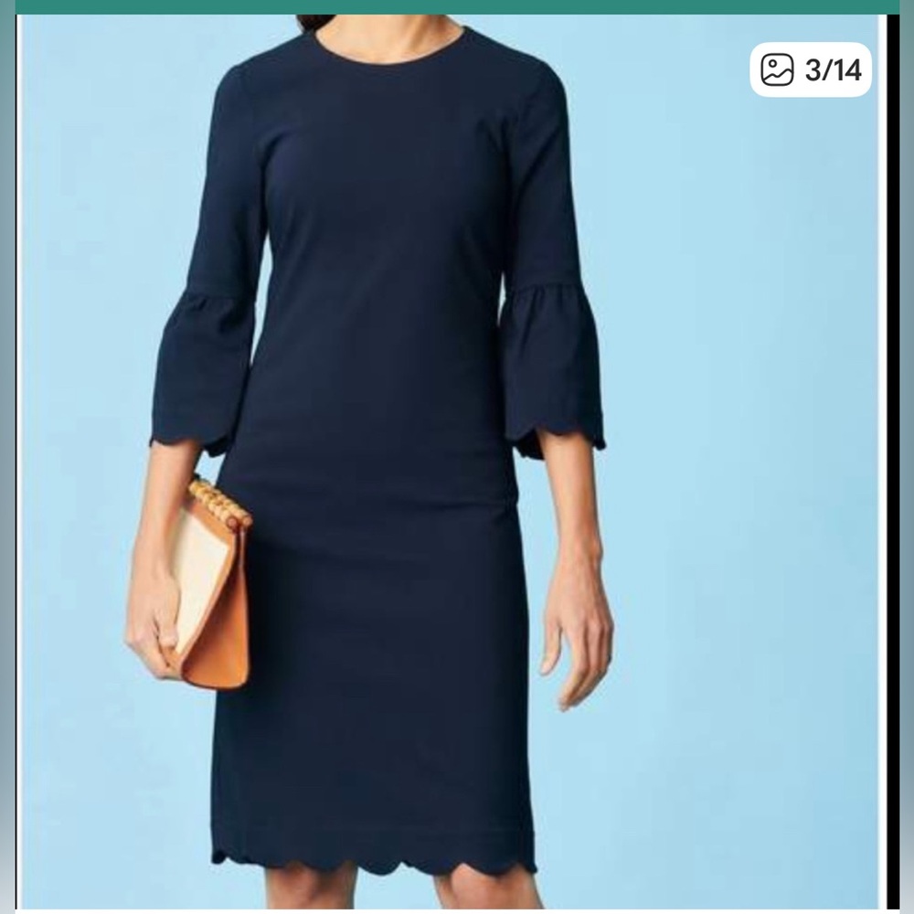 J.McLaughlin “Elle” Navy 3/4 Bell Sleeve Dress Scalloped Hem - Picture 2 of 11